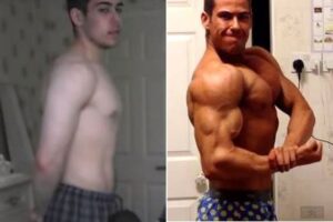 A body transformation showing muscle gain and the results of drinking protein shakes every day to gain weight